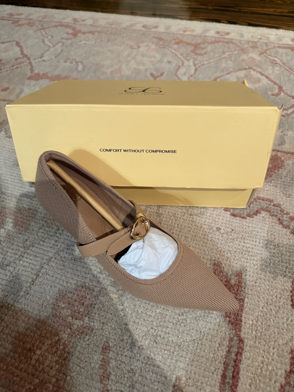 Pointed Mary Jane Heels with Gold Buckle in Taupe